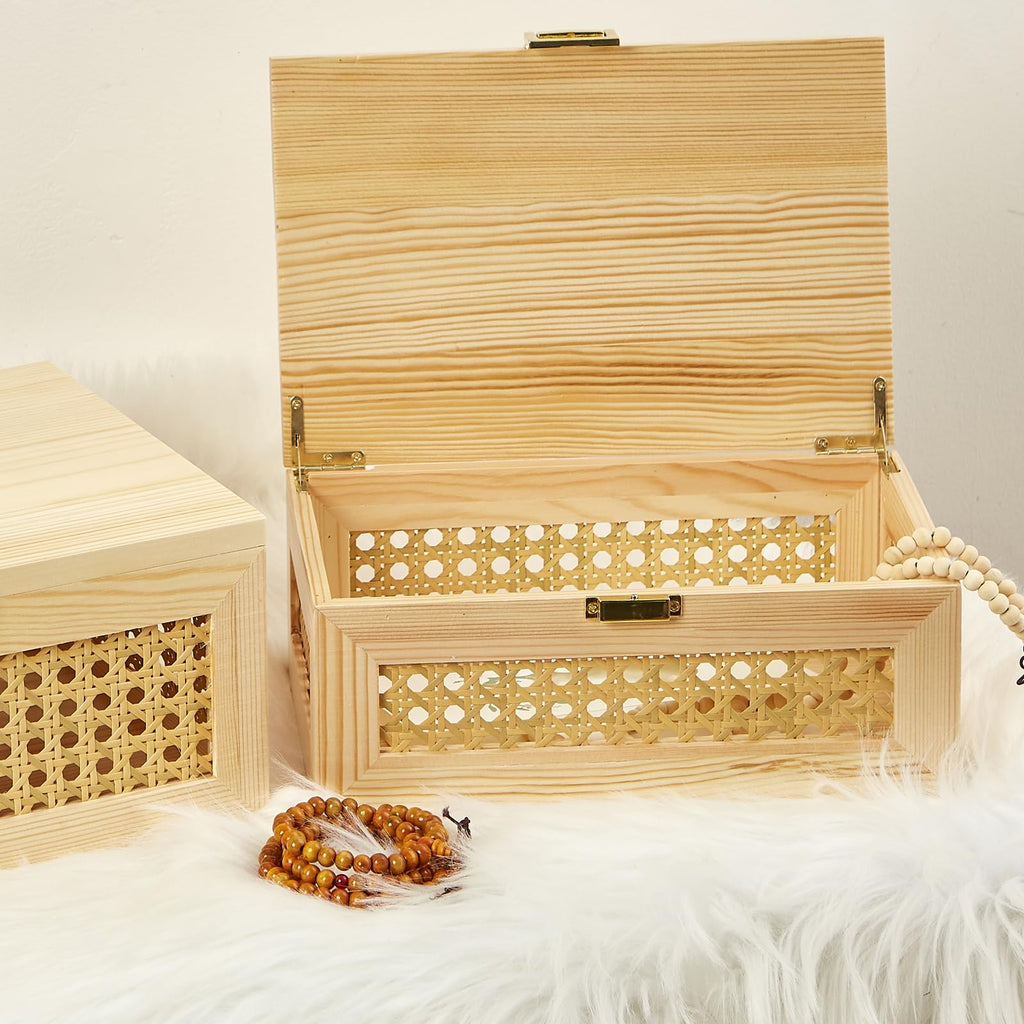 2PCS Decorative Rattan Storage Box Basket with Lid Wooden Frame