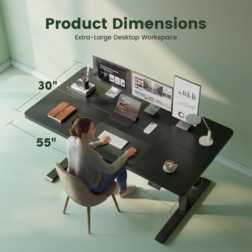 55x30 Large Electric Standing Desk, 30" Deep Desktop, Black