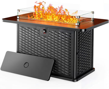 43-Inch Rectangular Propane Fire Pit – 60,000 BTU Output, Premium Gas Fire Pit Table for Outside Patio, 304 Stainless Steel H-Burner, Glass Stones &