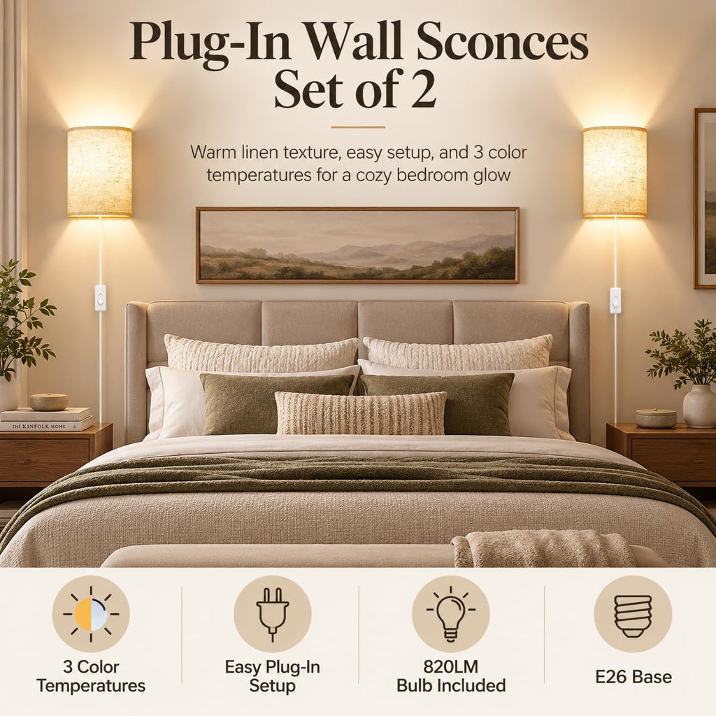 Plug in Wall Sconces Set of Two Wall Lights with On/Off Switch