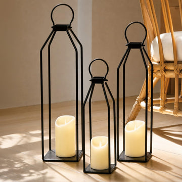Modern Farmhouse Lanterns, Set of 3 Black Metal Lanterns w/ 6hr Timer Flickering Flameless Candles, Decorative for