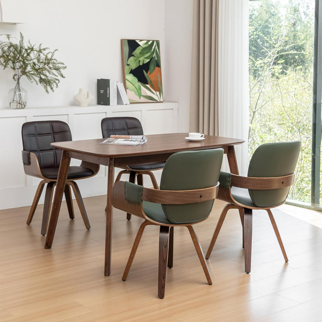 Mid-Century Modern Dining Chairs Set of 2, Swivel Faux Leather Dining Chairs with Arms and Curved Bentwood Back for Kitchen or Restaurant, Walnut Green