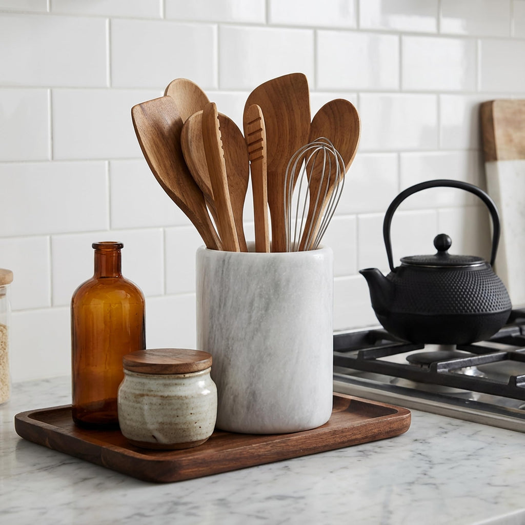 Marble Utensil Holder Kitchen Counter, 6.5 Inch Spoon Crock