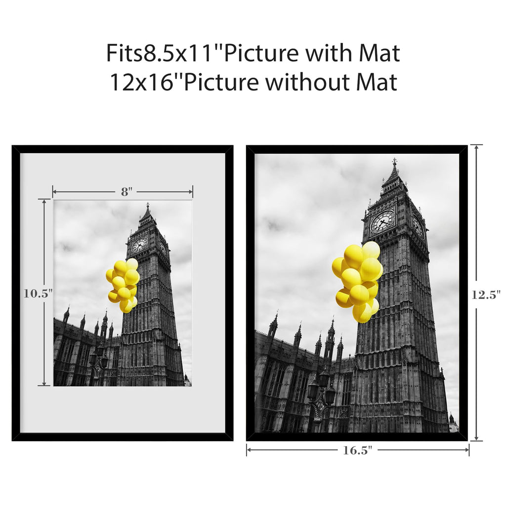 12x16 Picture Frames Set of 6 with Plexiglass, Display Pictures 8.5x11 with Mat or 12x16 Without Mat for Wall