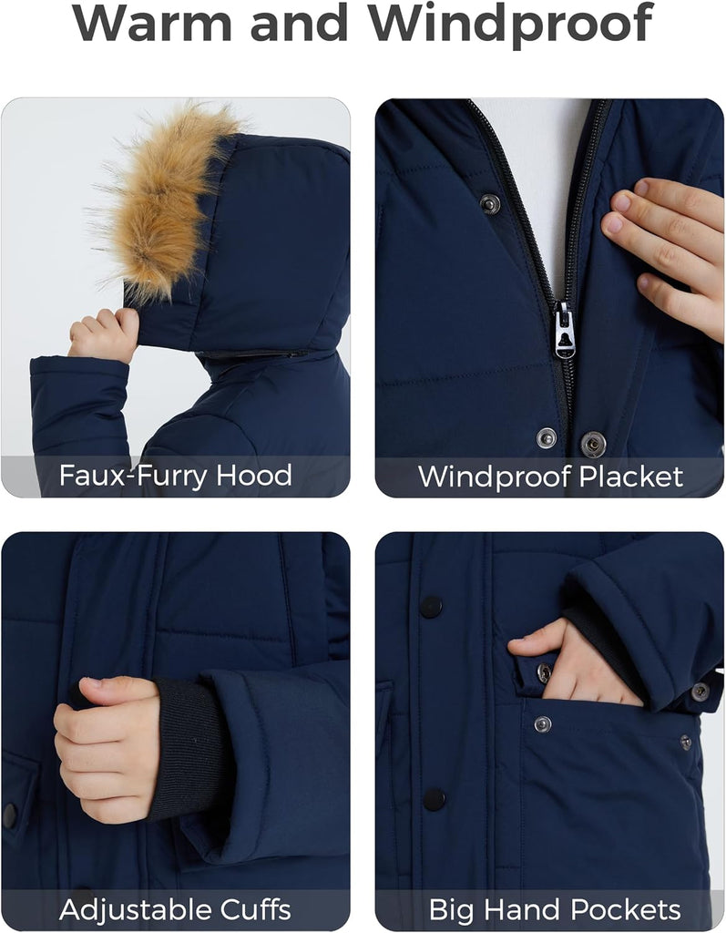Boys' Long Winter Coat Waterproof Puffer Jacket with Removable Hood