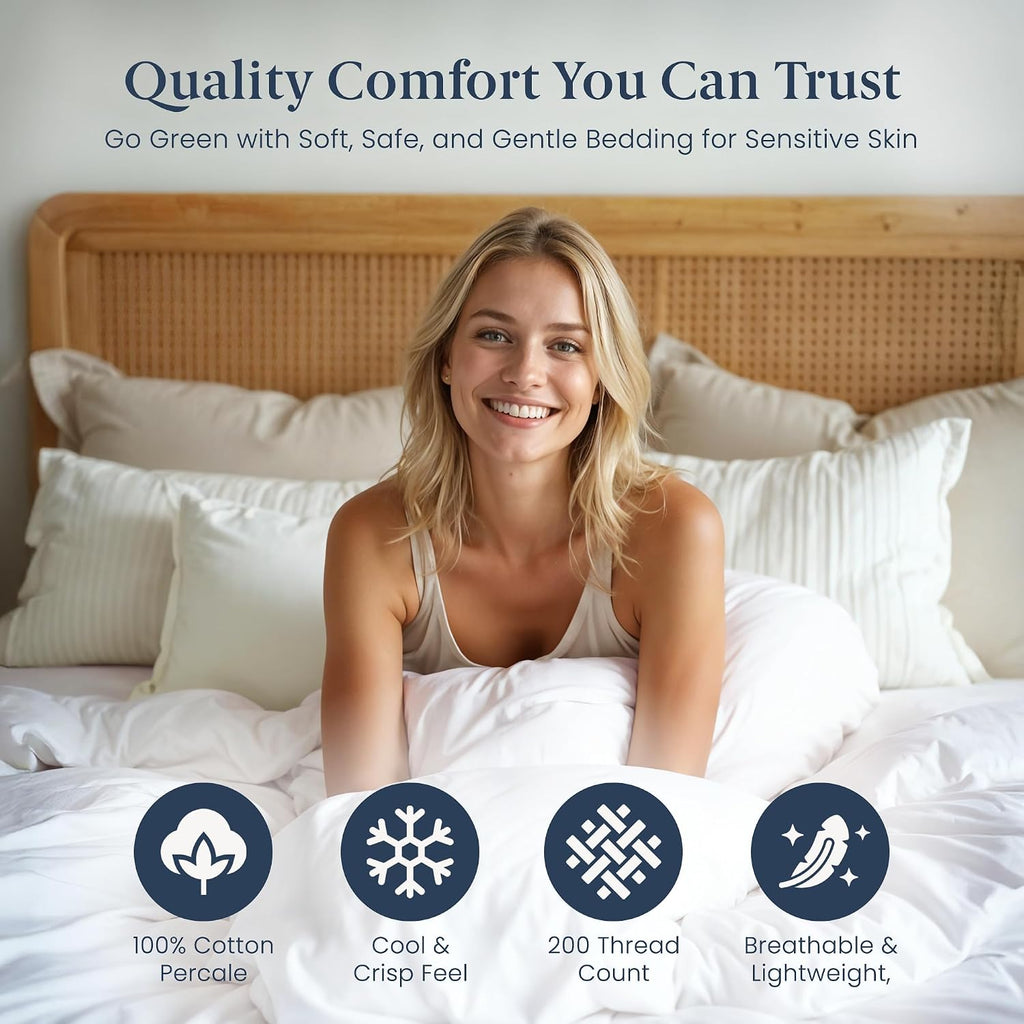 Duvet Cover Queen (3 Pieces), 100% Cotton Percale, Full/Queen, Soft, Breathable & Lightweight, Including Duvet Cover