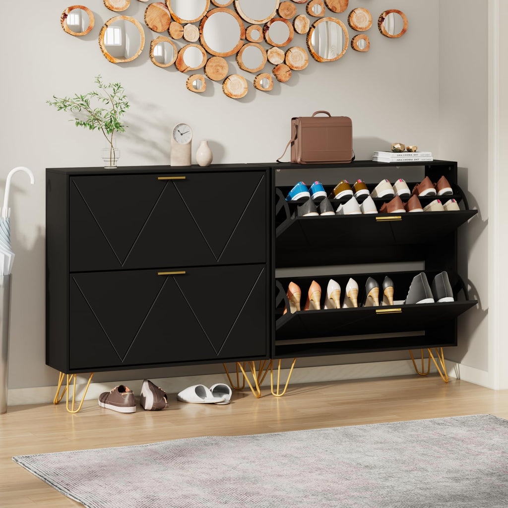 Shoe Cabinet Slim, Black Shoe Storage Cabinet with 2 Flip Drawers, Narrow Shoe Rack Cabinet, Freestanding Shoe