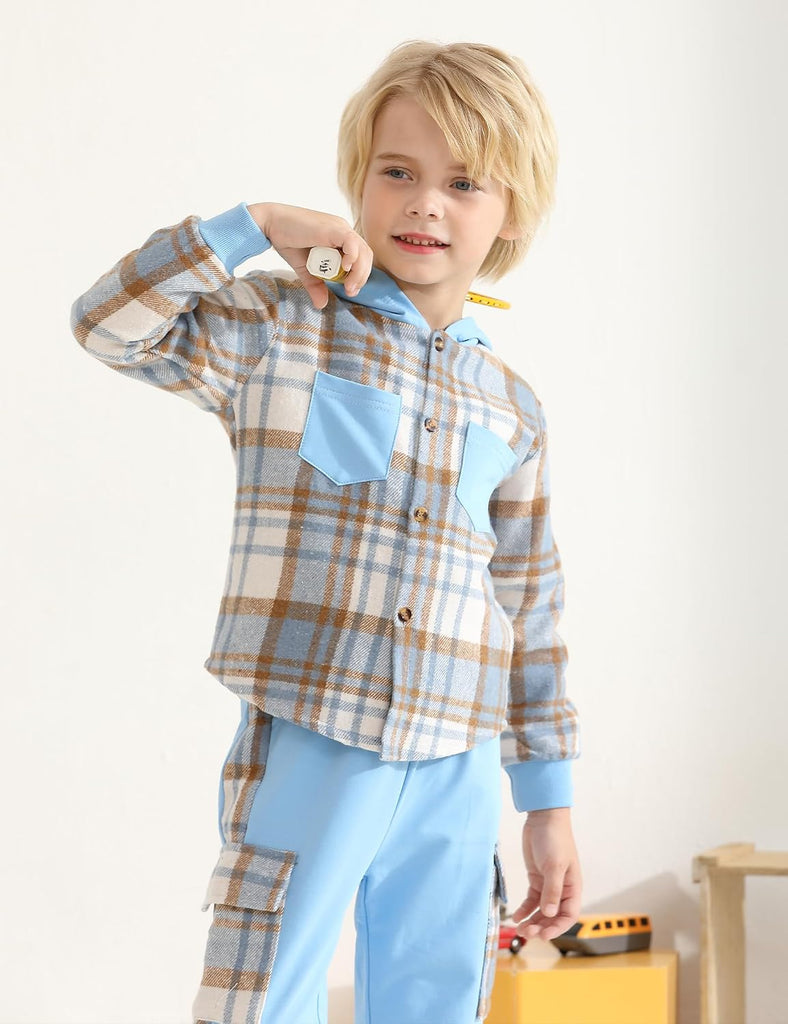 Boys 3 Piece Outfit Set,Flannel plaid shirt hoodie+ Plaid Patch Cargo Jogger Pants Toddler Little Clothes