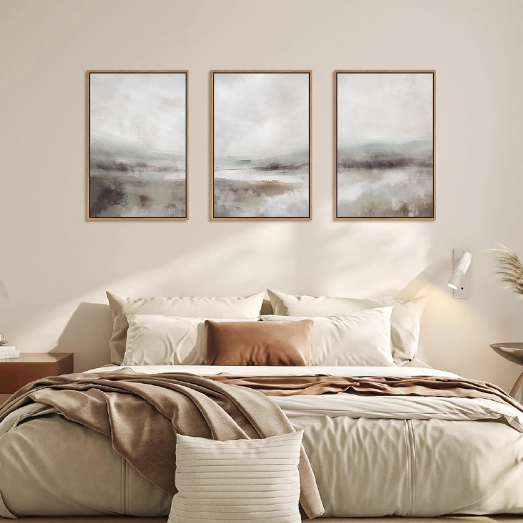Large Abstract Neutral 3 Piece Wall Art Framed, Gray Lake Landscape Canvas Decor , Watercolor Smoky Mountain