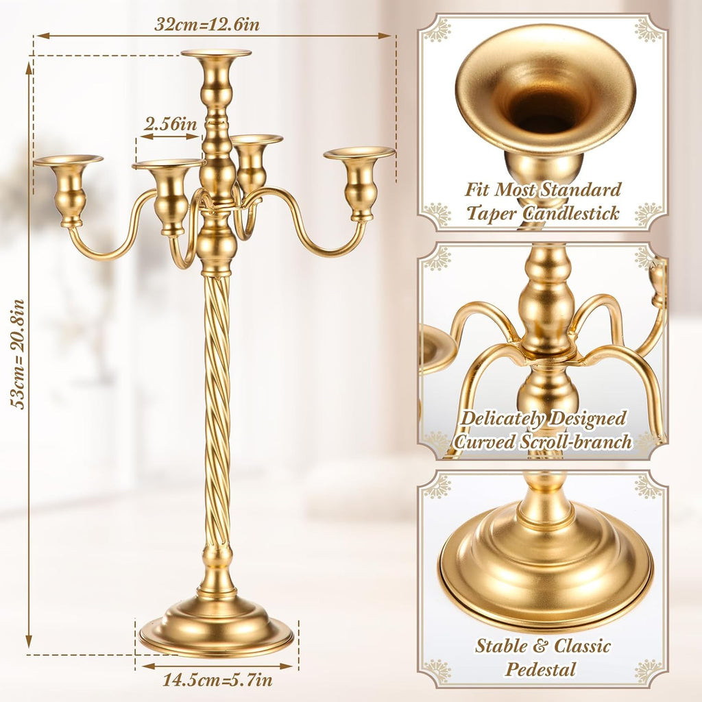 6 Pack Wedding Gold Candelabra Table Centerpieces 21 Inch Tall Candelabra Metal Candle Holder 5 Arm Taper Candlestick