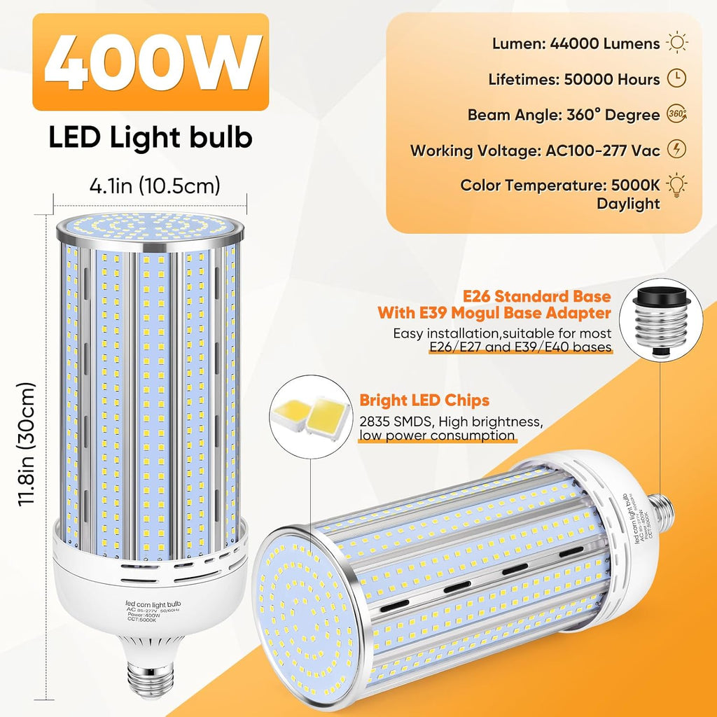 2 Pack 400W Corn LED Light Bulb Fanless,5000K Daylight(Eqv.1,200w Mh/Hps/Hid) Non-Dimmable E26/E39 Large Mogul Base