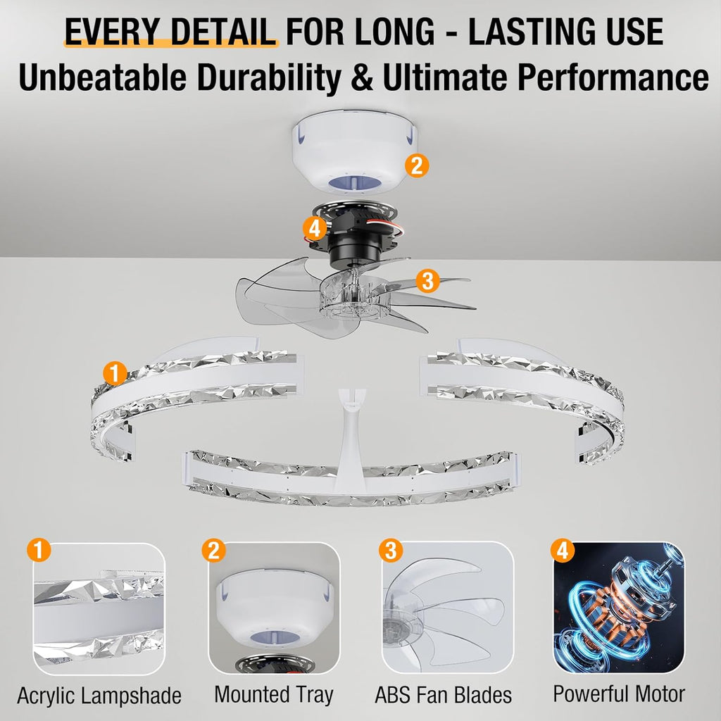 Ceiling Fans with Lights and Remote, 20'' Low Profile Flush Mount Ceiling Fan with 6 Speeds & 3 Color Temperature, 3000-6500K Dimmable Led Fandelier for Bedroom Livingroom, White A101-B0DZSHVVTZ