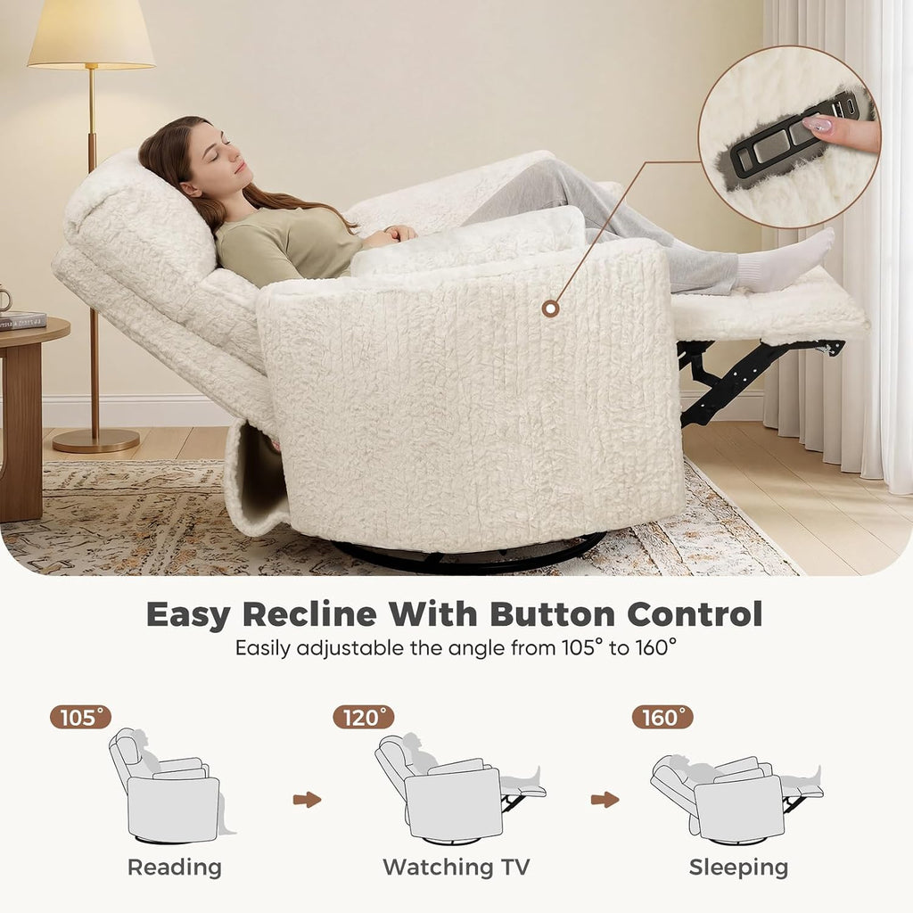 Power Swivel Rocker Recliner, Large Glider Rocking Chair, Beige | Fluffy Plush Nursery Chair w/ 2 Pillows, USB and