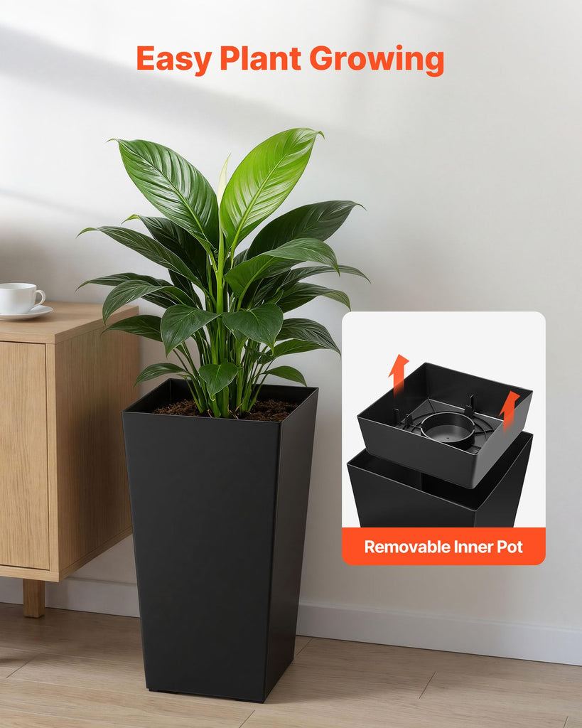 Set of 2 Tall Planters for Outdoor Plants 22 inch, Black Tall Planter for Indoor Plants, Modern Planters for Front