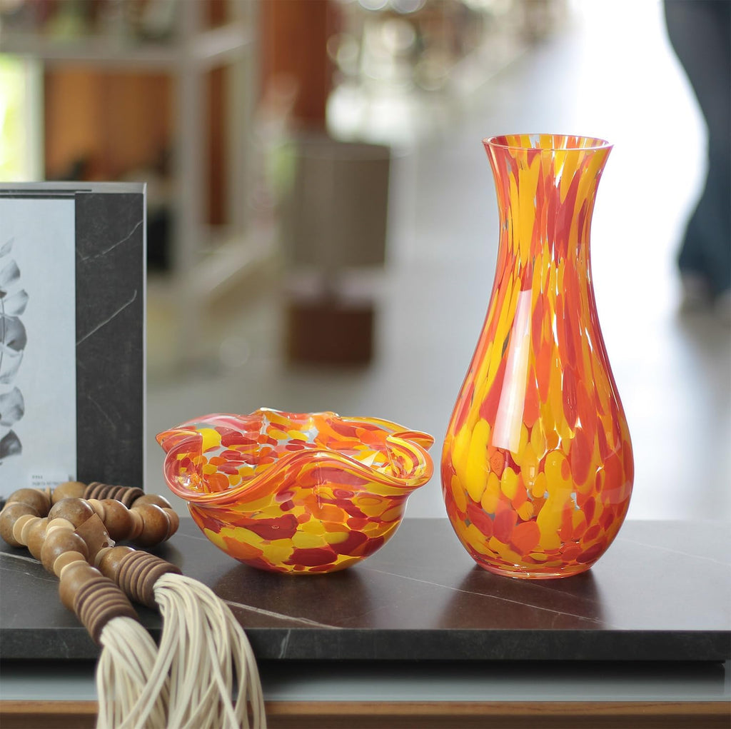 Murano Style Art Glass Vase Hand Blown Orange Confetti Effect Home Decor | Hand Blown Glass Vase, Decorative Table
