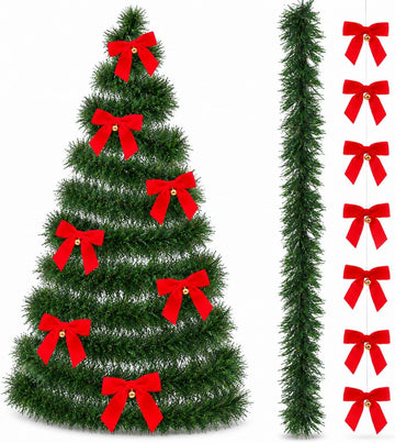 49 FT Christmas Pine Garland, 6.5 FT Velvet Red Bow Garland