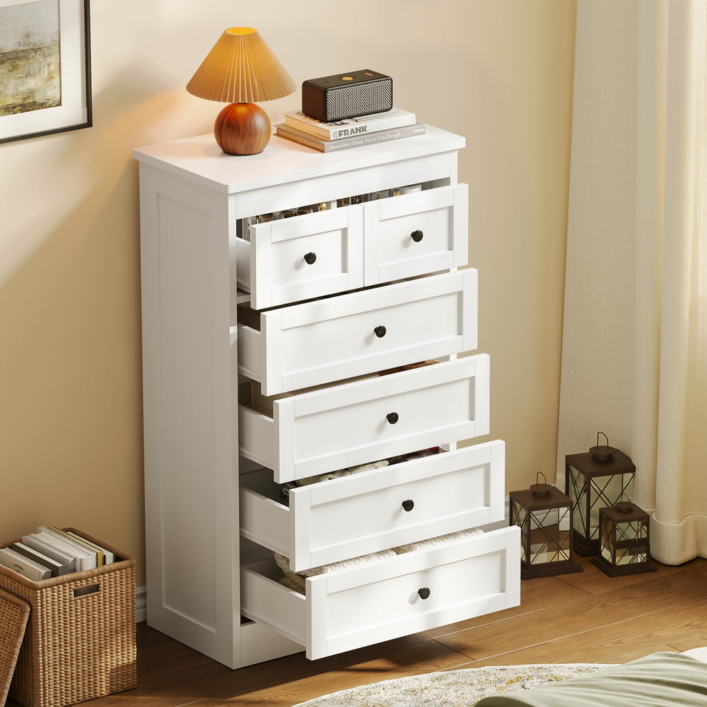 Tall 6 Drawer Dresser, White Modern 43.3'' Tall Wood Chest of Drawers, Storage Organizer with Smooth Metal Rails &