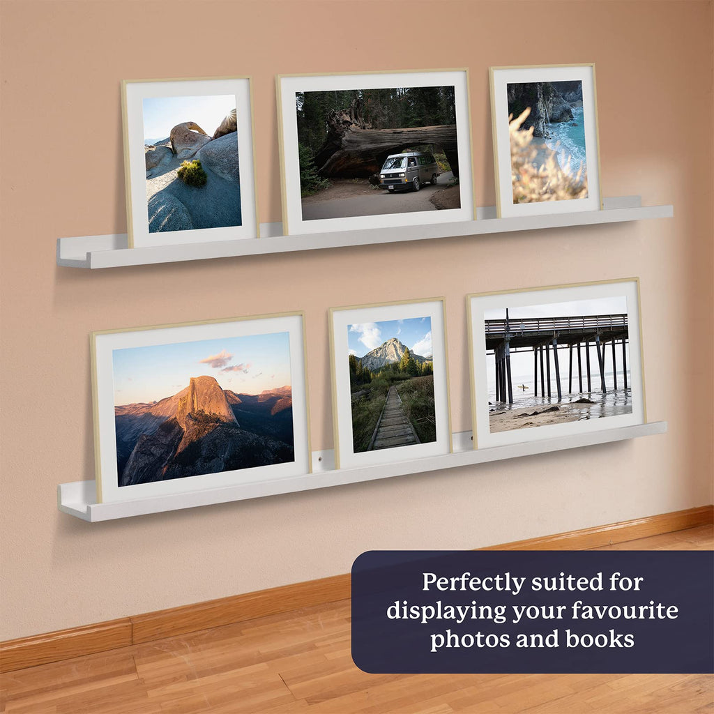 Picture Ledge Shelf for Wall [White, 60 Inch, 2 Pack] Narrow Floating Photo and Picture Shelves. Wooden Displaying