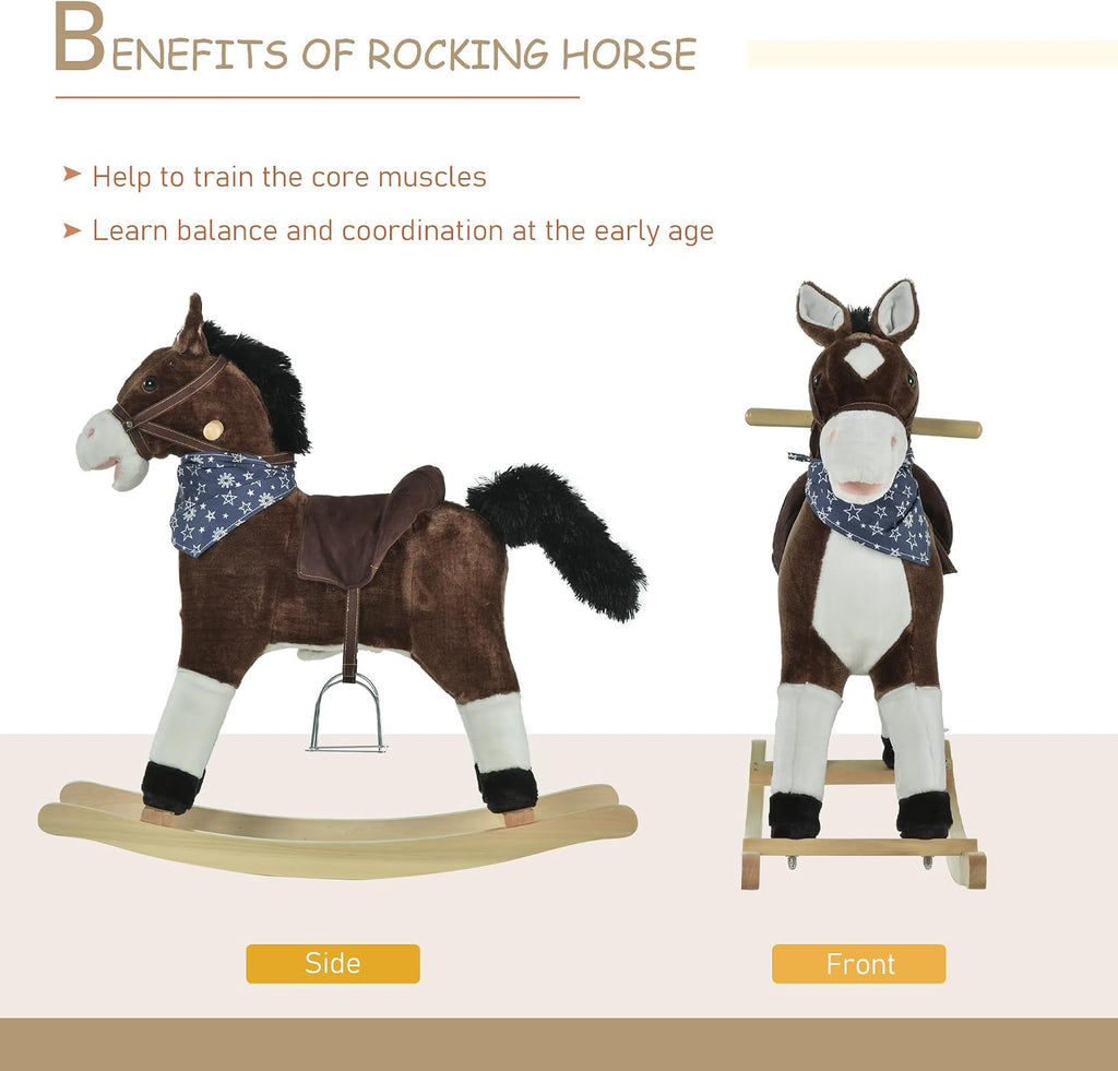 Kids Plush Ride-On Rocking Horse Toy with Fun Realistic Sounds Brown