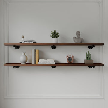 Industrial Pipe Wall Shelves - 60"" Warm Walnut Solid Wood, 12"" Deep Floating Shelving for Farmhouse Rustic Decor