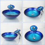 Blue Countertop Bathroom Vessel Sink with Waterfall Faucet