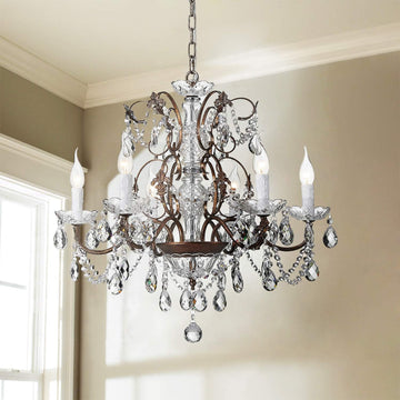 6-Light Crystal Chandelier - Farmhouse Rustic Pendant Light Fixture for Bedroom, Dining Room, Living Room - H23 x W24, Chain Adjustable