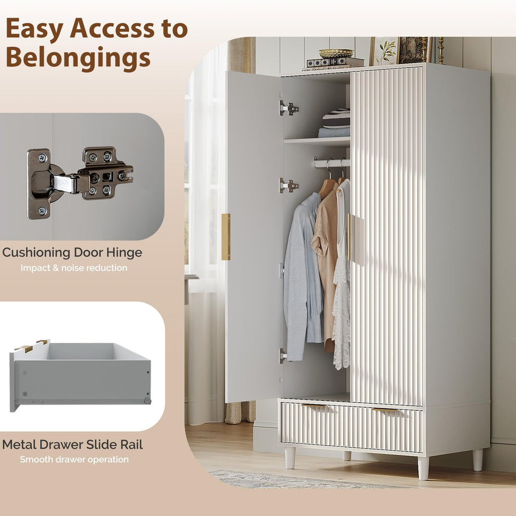 Fluted Wardrobe Closet Armoire with Doors And Drawers, White Wardrobe Cabinet with Hanging Rack, Bedroom Closet Wood