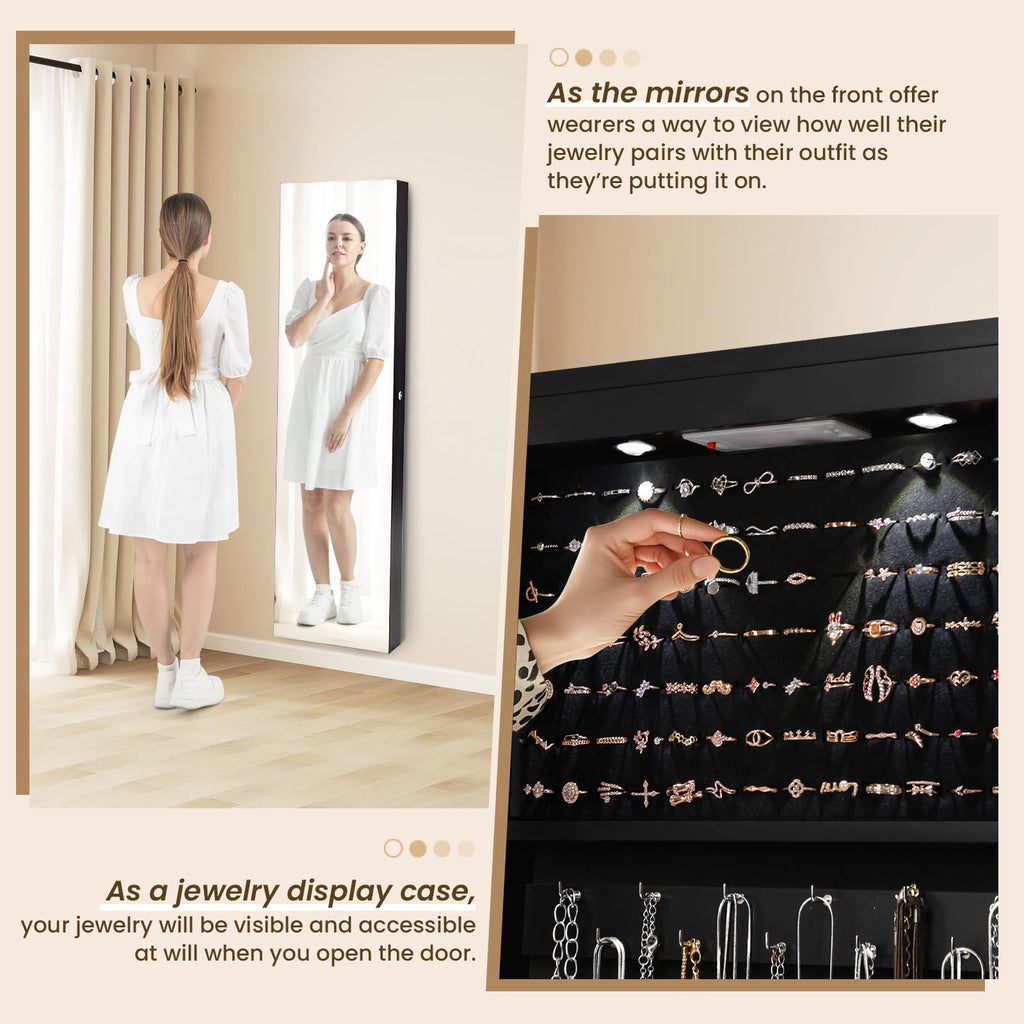 2 LEDs Jewelry Armoire with Full Length Mirror, 47.5" H Wall or Door Mounted Jewelry Cabinet with 2 Drawers, Lockable