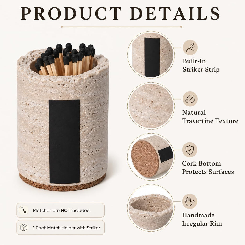 Natural Travertine Match Holder with Striker for Candle Home Decor - Matches Not Included