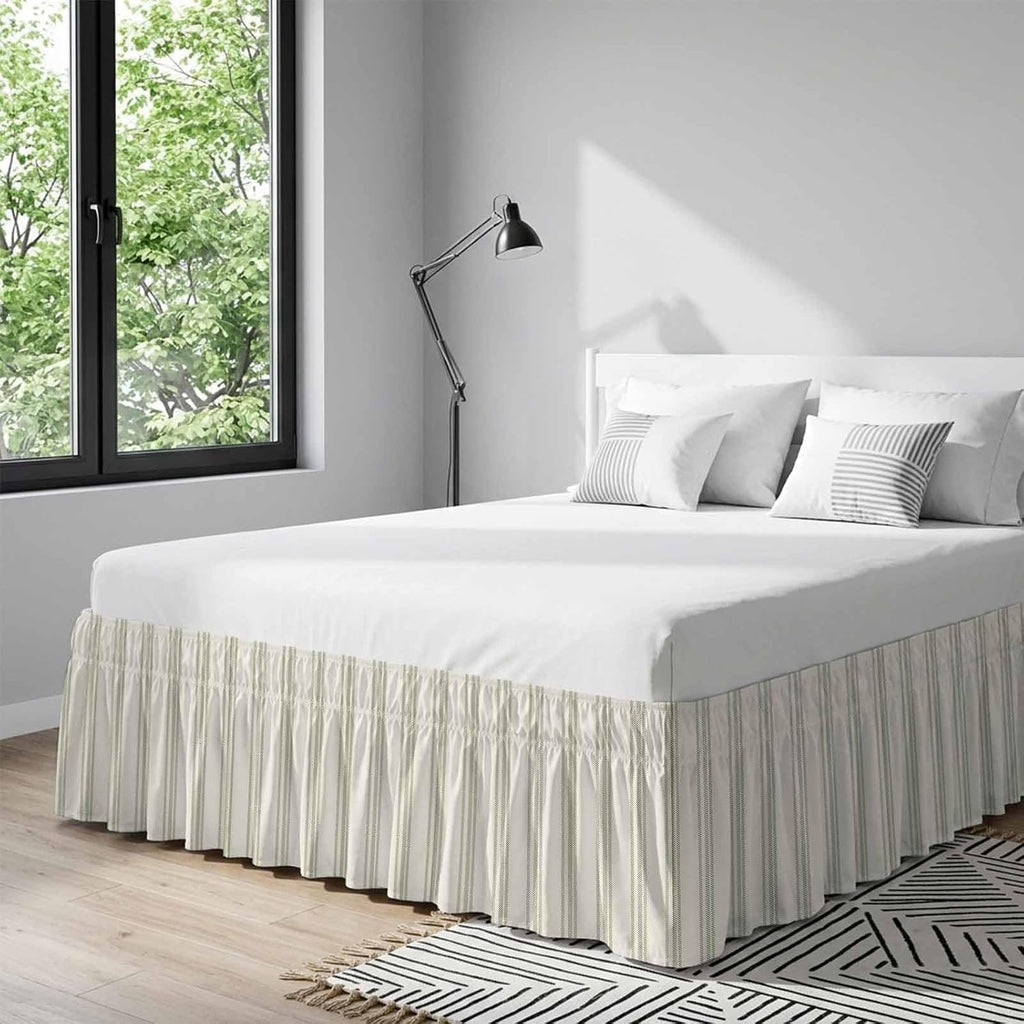 Wrap Around Bed Skirts for Queen Beds, Sage Green Stripe Geometric Beige Retro Farmhouse Decor Ruffle Bed Skirt with