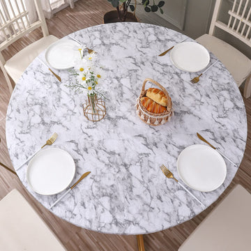 Round Vinyl Fitted Tablecloth with Flannel Backing Elastic Edge Design Table Cover Waterproof Oil-Proof PVC Table