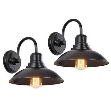 2 Pack Black Outdoor Wall Sconce, Modern Farmhouse Gooseneck Barn Light with E26 Socket, Anti-Rust Metal Vanity Light