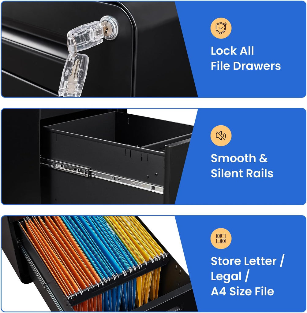 Mobile Filing Cabinet 3 Drawer, Rolling Small File Cabinet with Keys Under Desk, Modern Black Filing Cabinets with