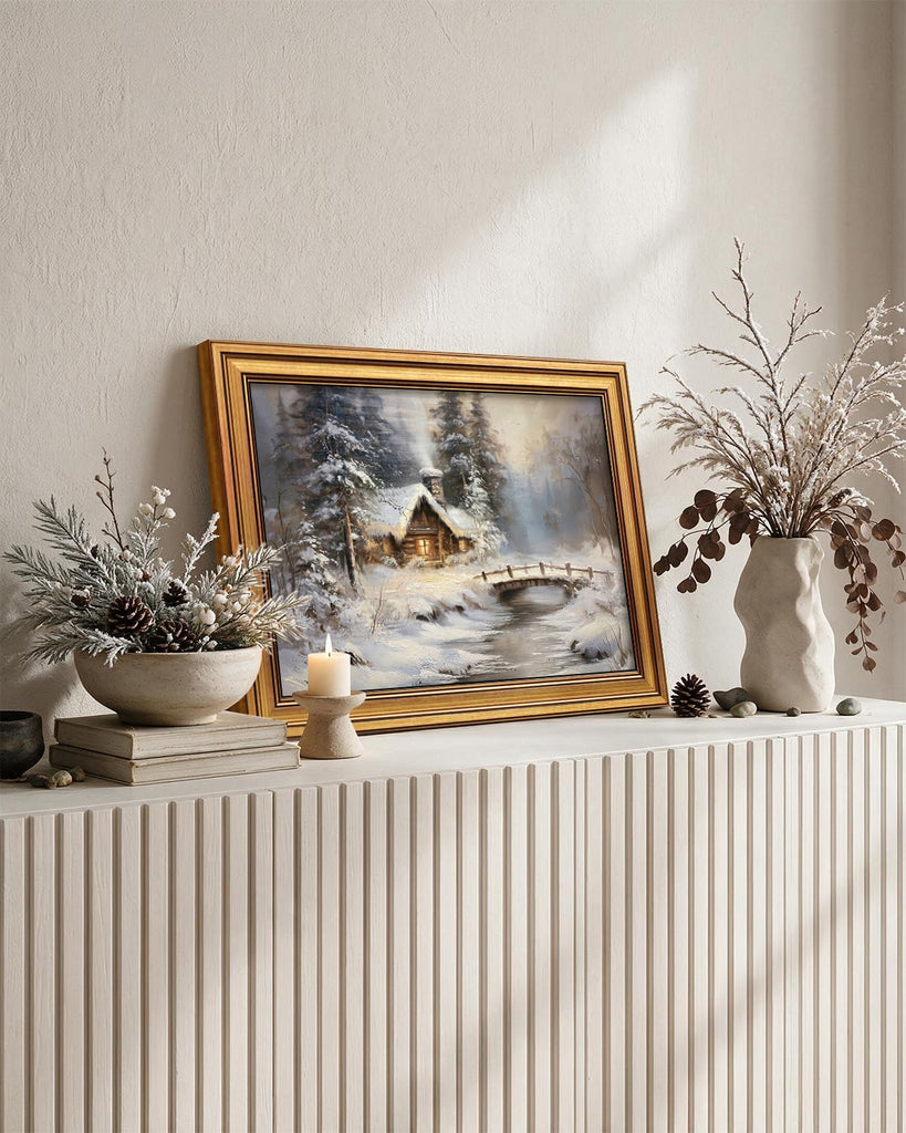 Winter Cabin Wall Art Snowy Forest Landscape Painting 12x16 Inch