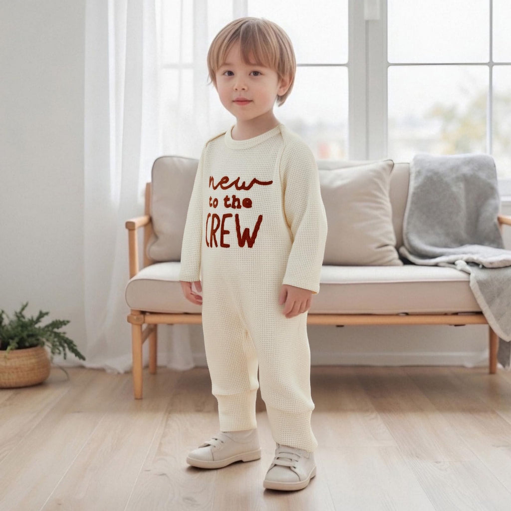 Newborn Baby Boy Fall Outfit Romper New to The Crew Long Sleeve Jumpsuit Bodysuit Infant Winter Waffle Clothes