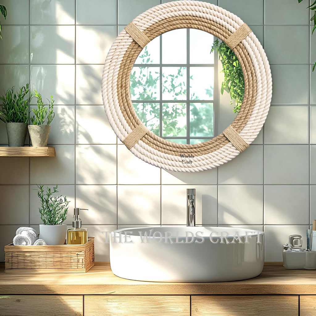 Nautical Hampton Round White Rope Mirror Twisted Rope Home Decor Art Wall Hanging Mirror Coastal Cotton Rope Mirror