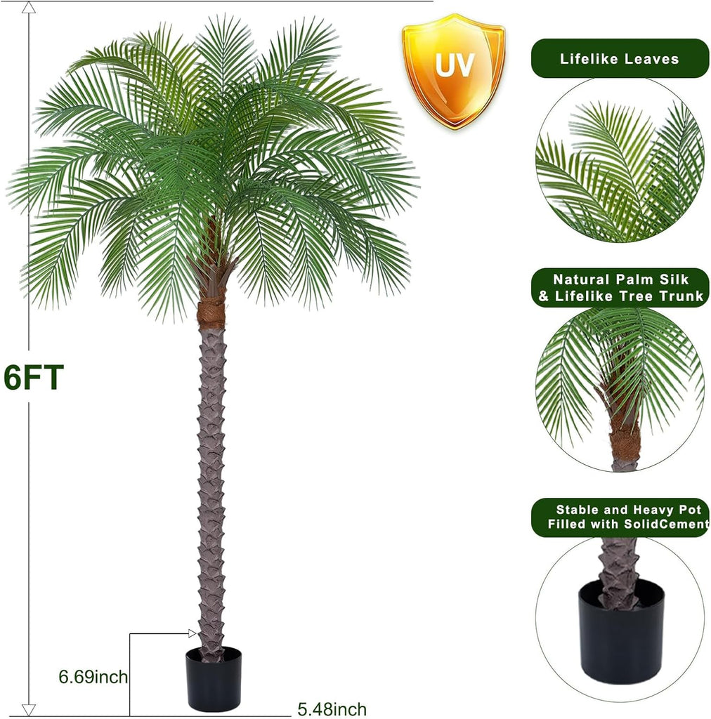 6ft Artificial Phoenix Palm Tree, Faux Coconut Silk Tropical Fake Palm Plant Outdoor Home Office Patio Bathroom Pool