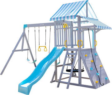 Kids Laguna Outdoor Wooden Swing Set, Gray & Aqua | Slide, Rock Climbing Wall, Fireman Pole & Trapeze Bar, Ages 3-10