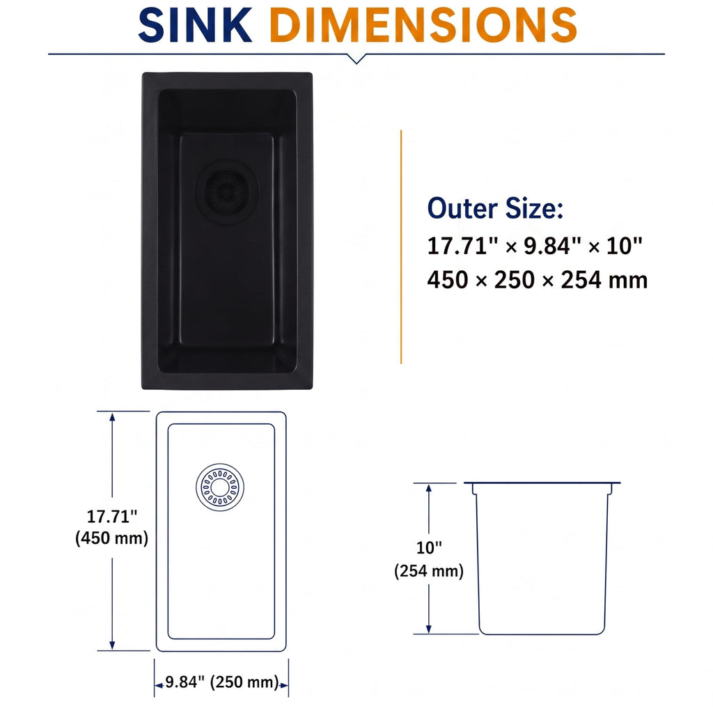 18 Inch Black Quartz Composite Kitchen Sink, Undermount, 10 Inch Deep