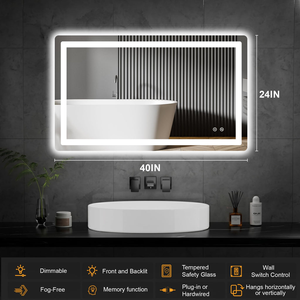 LED Bathroom Mirror with Lights, 24 x 40 Lighted Vanity Wall Mirror