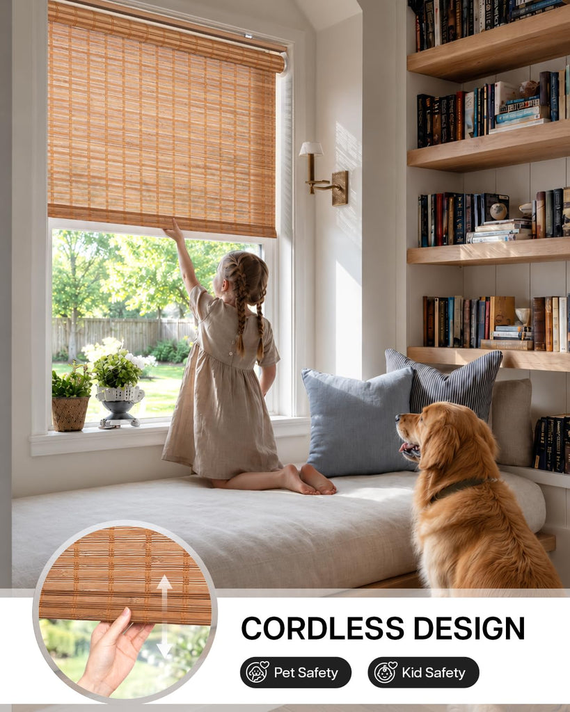 Cordless Bamboo Roller Shades, 29" W x 70" H, Squirrel
