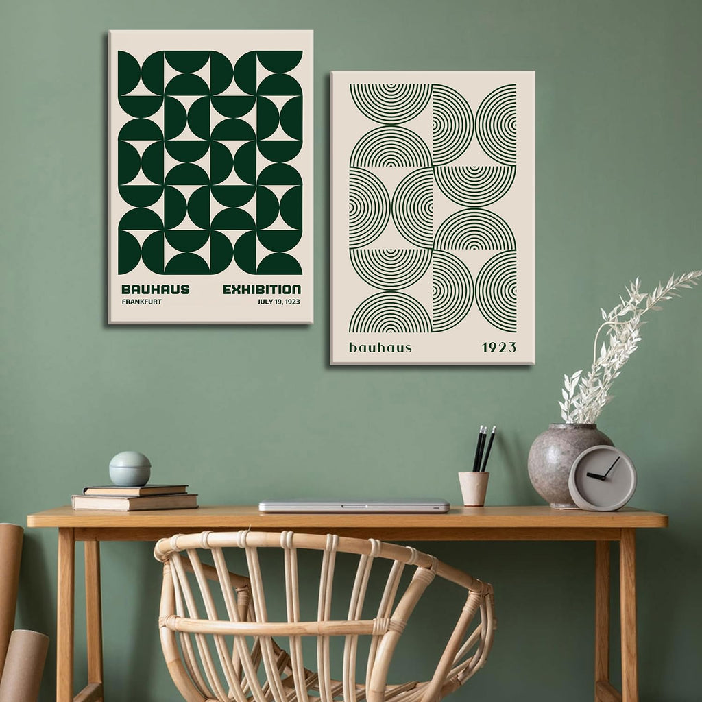 Green Bauhaus Wall Art, Mid Century Geometric Wall Decor, Set of 2 12x16 in