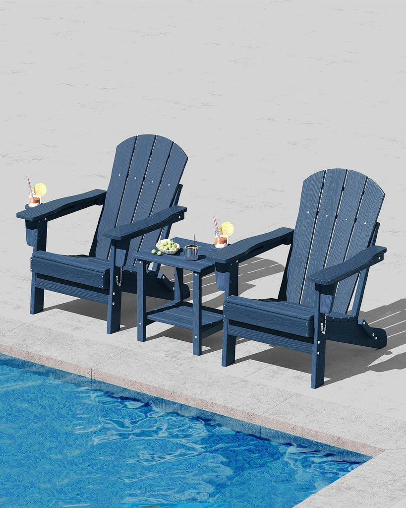 HDPE Folding Adirondack Chair Set of 2 with Side Table, Navy Blue | All-Weather Resistant & Wood Textured & Cup