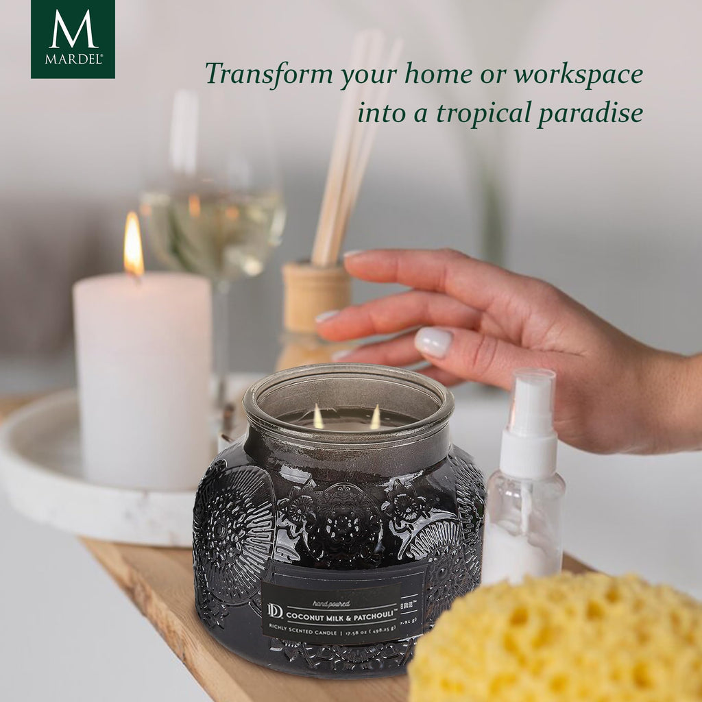 Black Sand & Cashmere Embossed Jar Candle (18 oz) Jasmine, Coconut, Rose, Bergamot, Floral - Dual Wick Embossed Glass