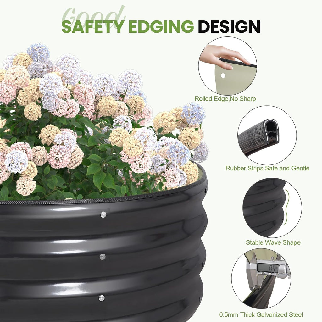 Round Raised Garden Bed Outdoor, 3x3x1ft, 2Pcs, Dark Grey | Galvanized Steel Planter Box, Rubber Edge Trim