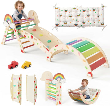 Triangle Set with Cushion, 8in1 Foldable Triangle Climbing Set, Wooden Montessori Kids Baby Jungle Gym, Climbing Toys