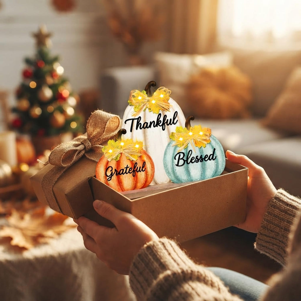 Fall Pumpkin Decor with LED Lights, Wooden Thanksgiving Table Sign "Blessed Grateful Thankful", Rustic Harvest Home - Set of 3