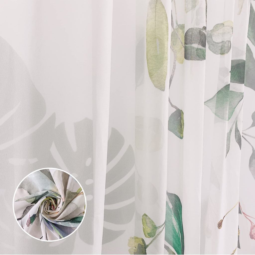 Green Eucalyptus Leaves Curtains 63 inch Length 2 Panels Set Elegant Wild Flower Floral Spring Printed Window Curtain