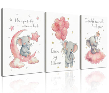 Watercolor Elephant Nursery Canvas Wall Art, Pink, 12x16 Inch