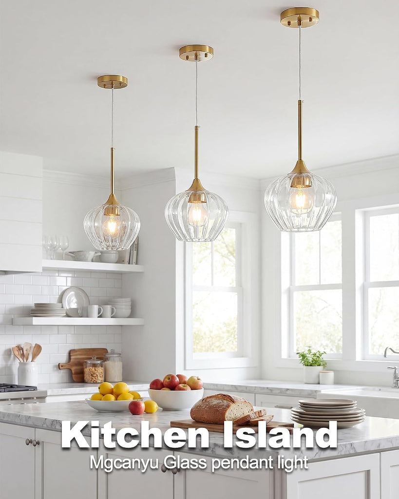Glass Pendant Lights for Kitchen Island, 7.7" Modern Gold Pendant Light Fixtures Small Adjustable Hanging Light for